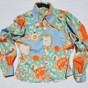 Orange Blue and Green Graphic Long Sleeve Button Down Blouse Vintage Style